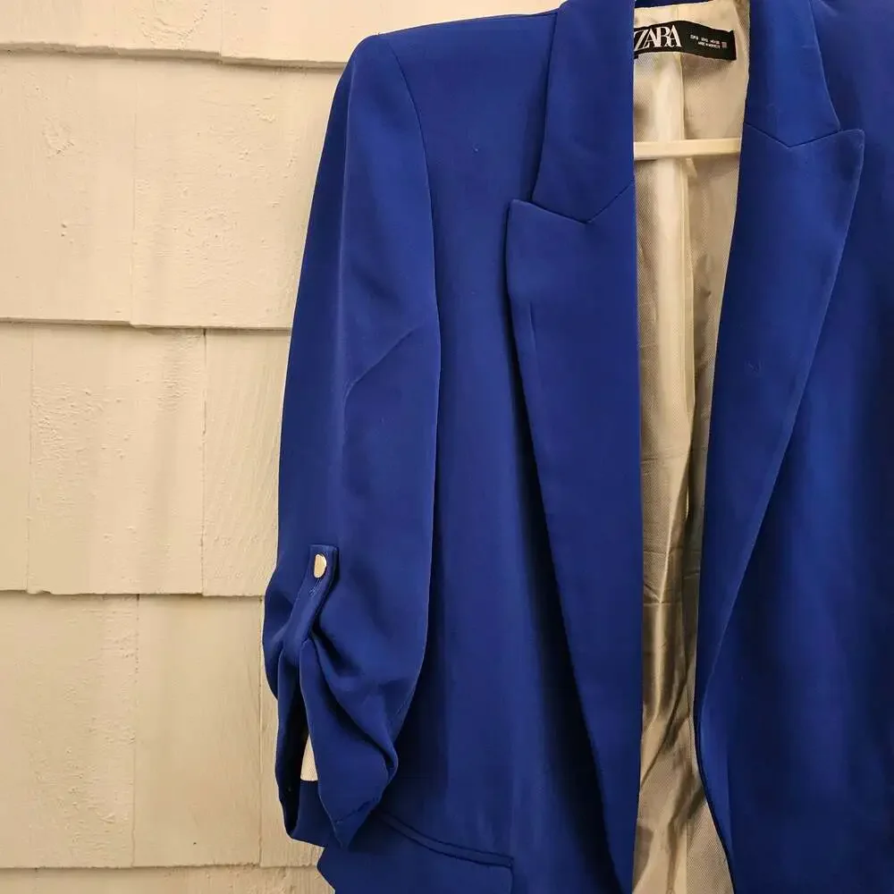 Zara Royal Blue Open Front Blazer Ruched Sleeve Career Jacket Women's S